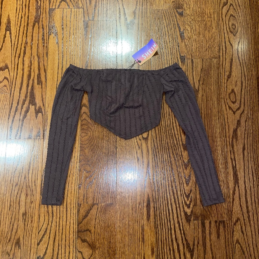 SHEIN | Brown Off The Shoulder Textured Crop Tee